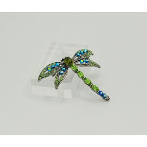 Dragonfly Rhinestone Brooch – Green & Blue Sparkle, 2" Pin